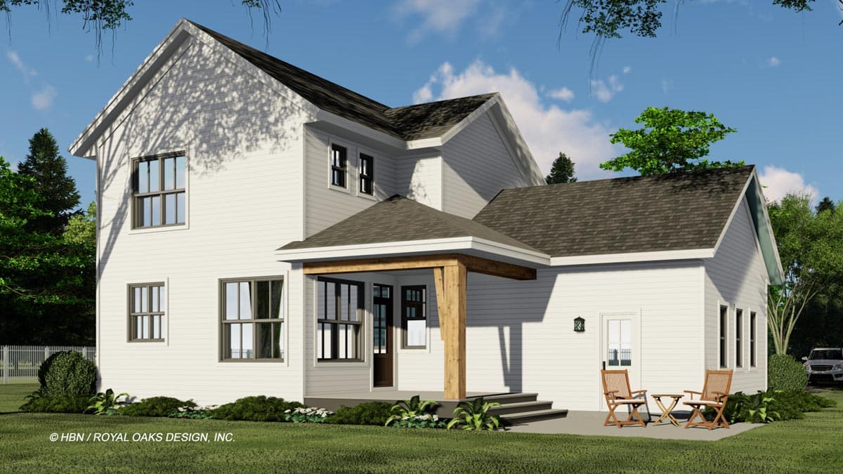 House plan exterior: Two-story home with gabled roofs, prominent wooden support for a covered entry, and varied window styles.