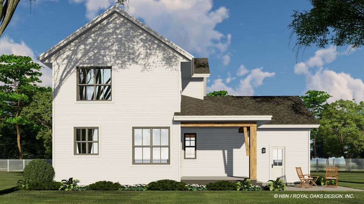 House plan exterior of a two-story Modern Farmhouse with a side-facing gable, dormer, and covered porch.
