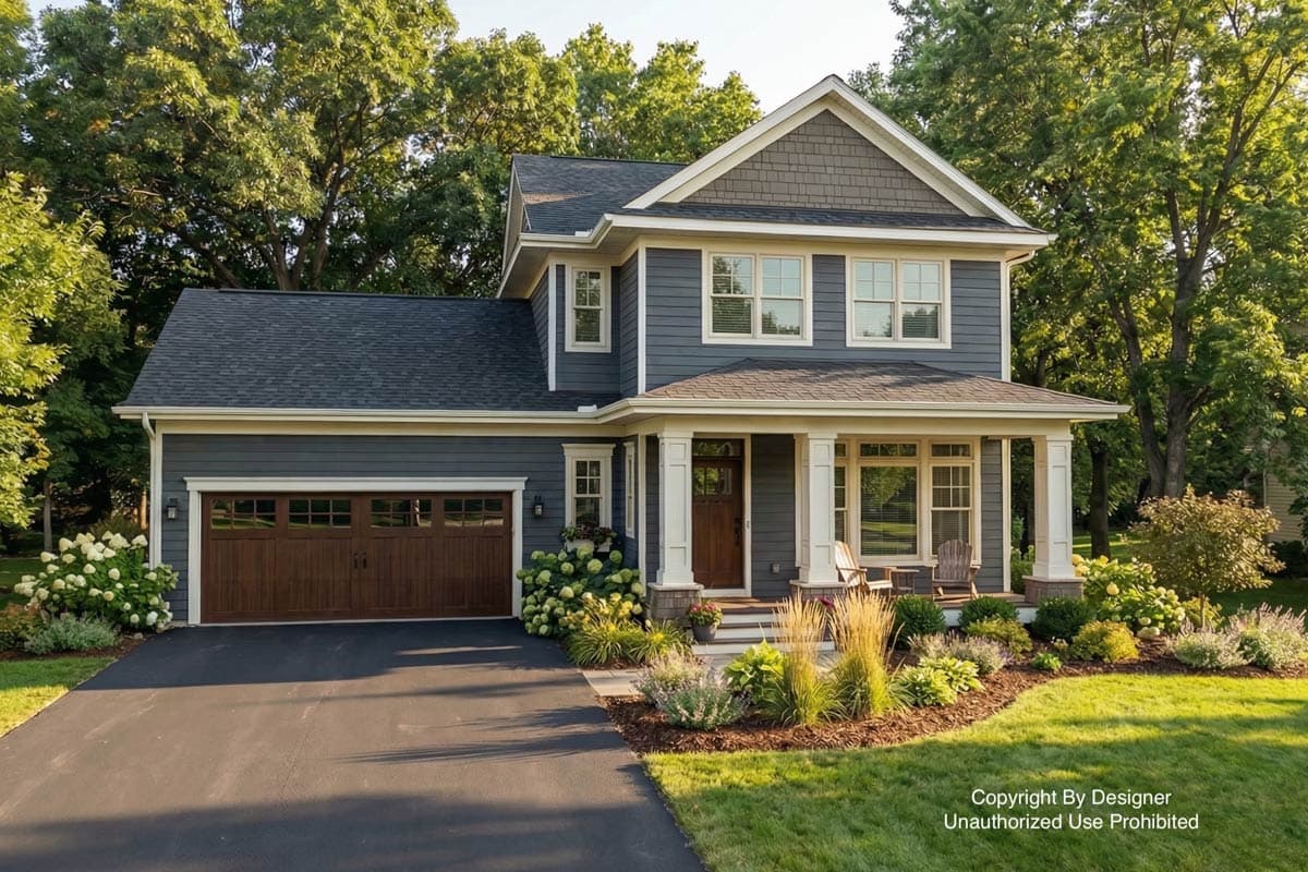 Two-story house with dark blue siding and a brown garage door. Landscaping surrounds the porch with wooden chairs, surrounded by lush greenery.