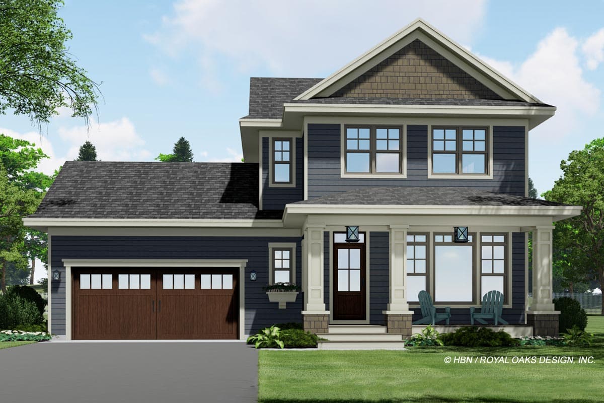 Two-story house plan exterior with dark blue siding, a covered front porch with square columns, and a two-car garage.