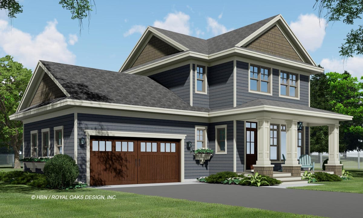 House plan exterior: Two-story home with attached garage, front porch with square columns, and layered gables.