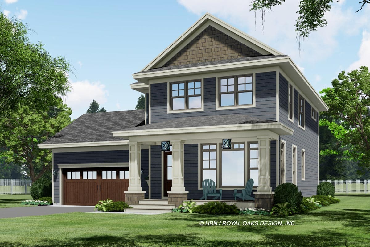 House plan exterior: two-story home with a covered front porch, gabled roof, shingle siding accent, and attached two-car garage.