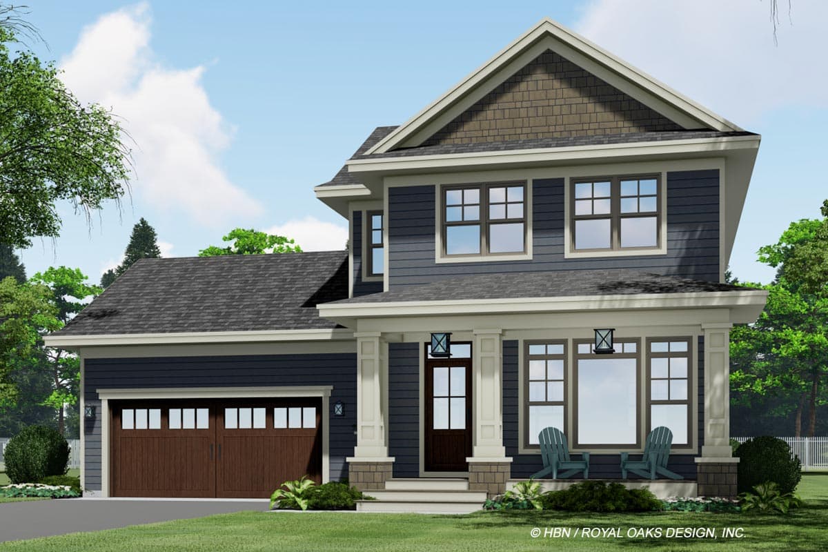 Two-story house plan exterior with gabled dormers, a covered front porch with square columns, and an attached garage.
