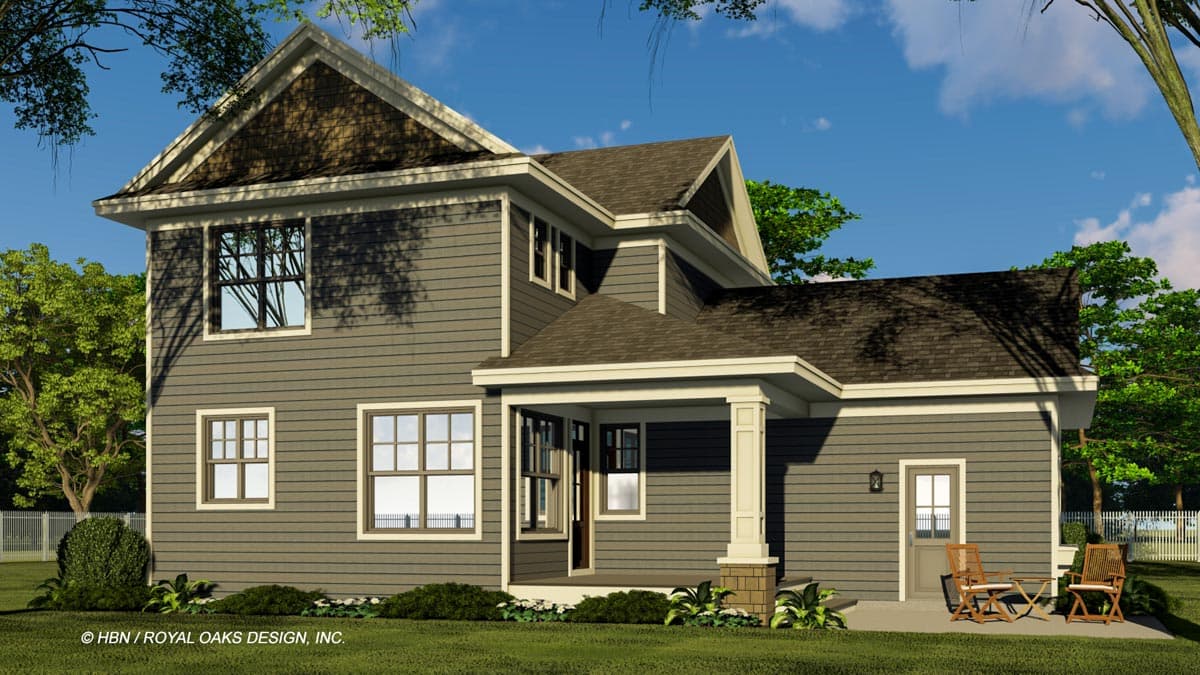 Two-story house plan exterior with layered gables, siding, prominent porch with square columns, and a mix of window styles.