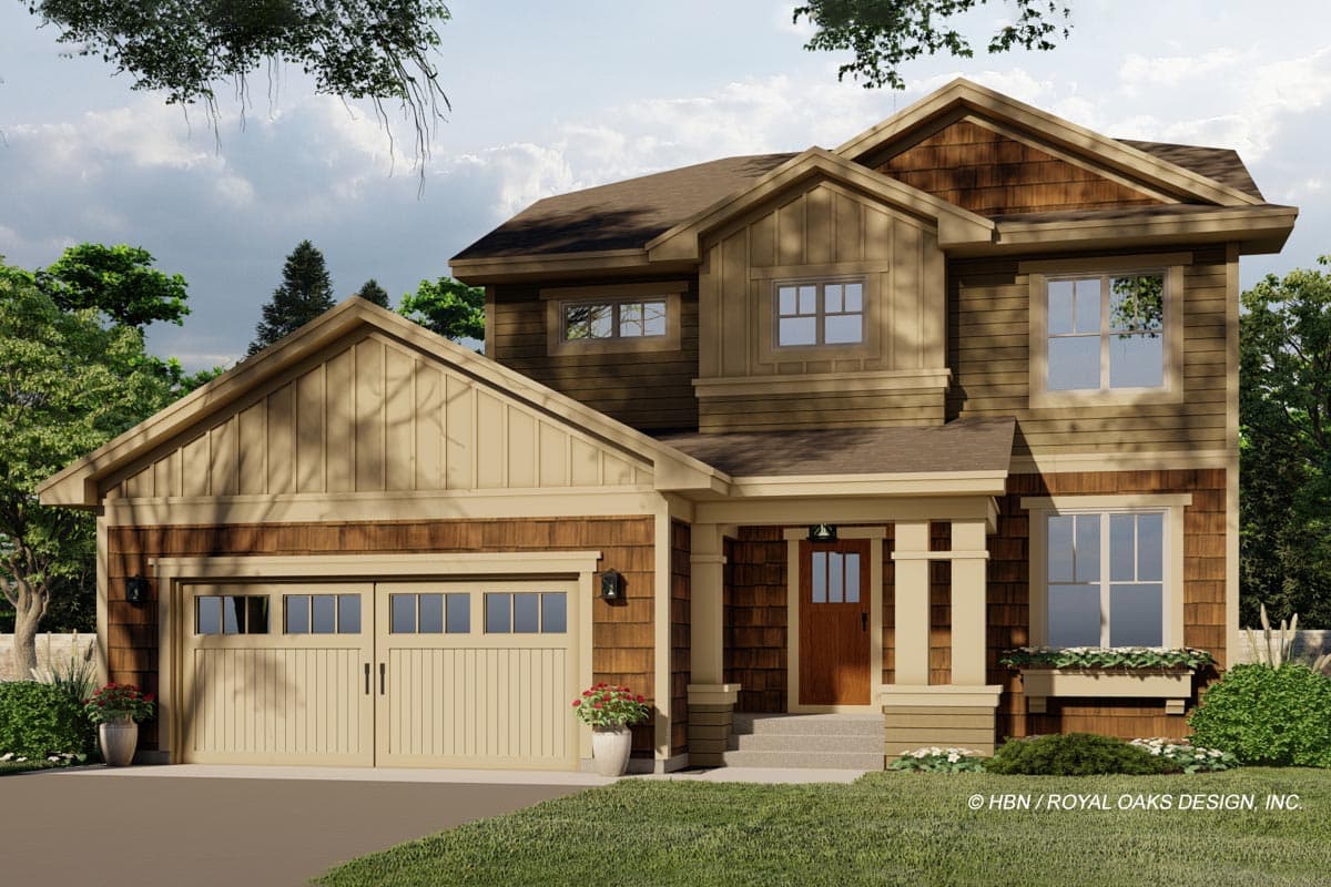 House plan exterior: Two-story home with a gable roof, side-entry garage, and covered front porch.