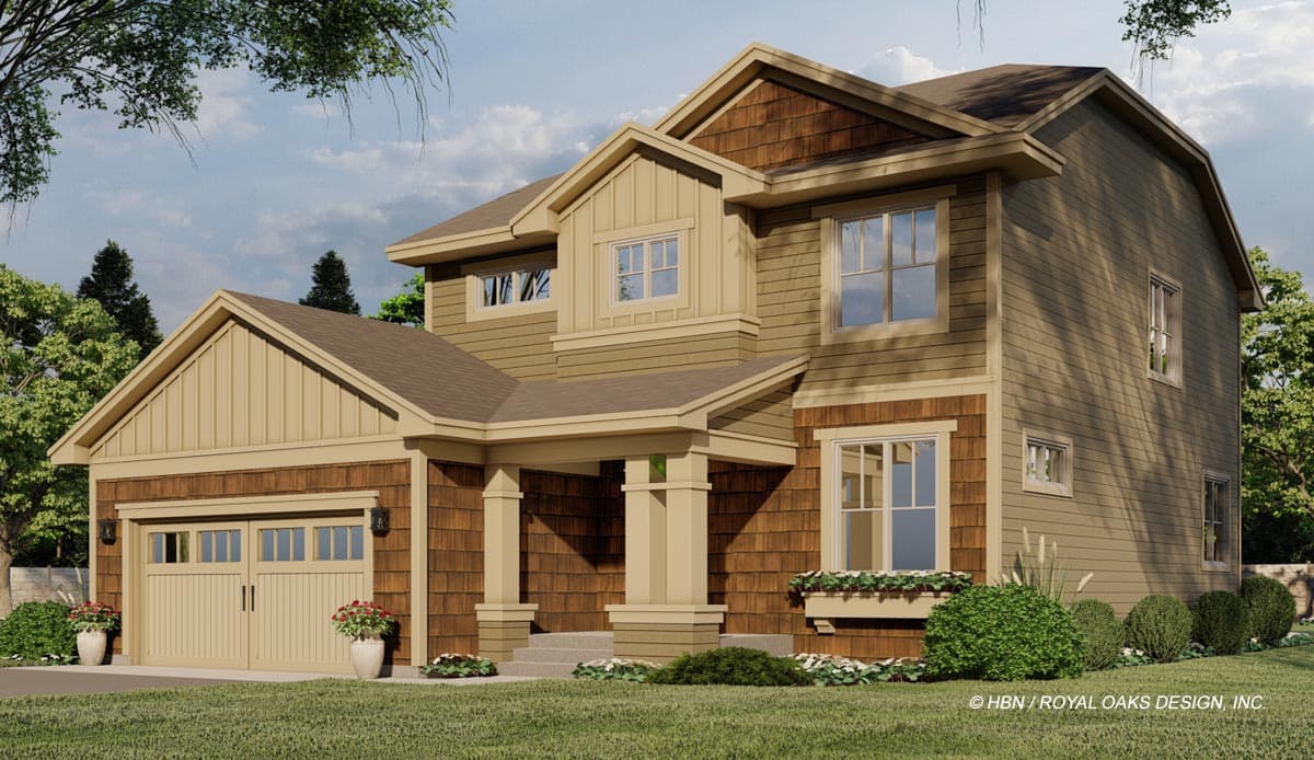 House plan exterior: two-story home with gabled dormer, covered porch supported by square columns, and attached garage with multi-pane doors.