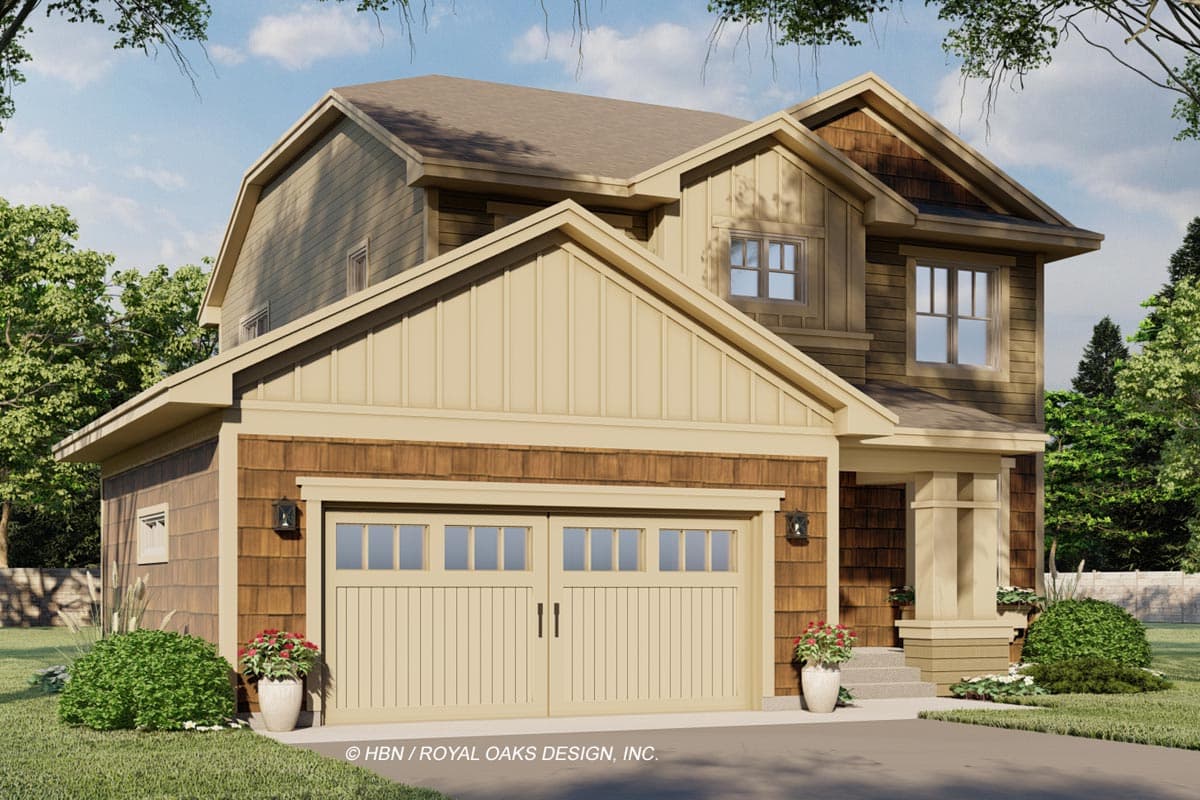 House plan exterior of a two-story home with a side-entry garage, mixed siding, gabled rooflines, and a prominent porch.