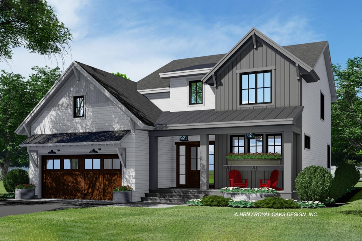 House plan exterior: Two-story Modern Farmhouse with gable rooflines, covered front porch, and attached garage with wood doors.