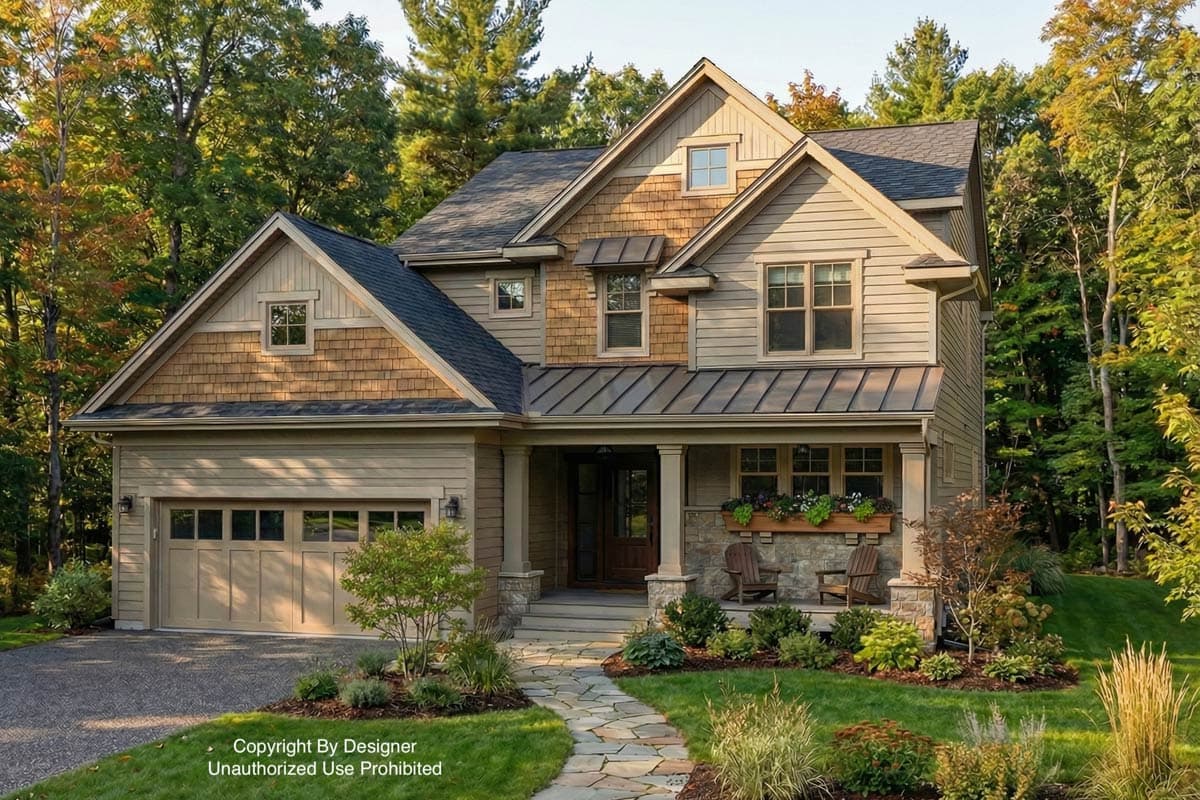 A two-story house with a beige facade, wooden shingles, and a stone pathway leading to the front porch. Green trees surround the home.