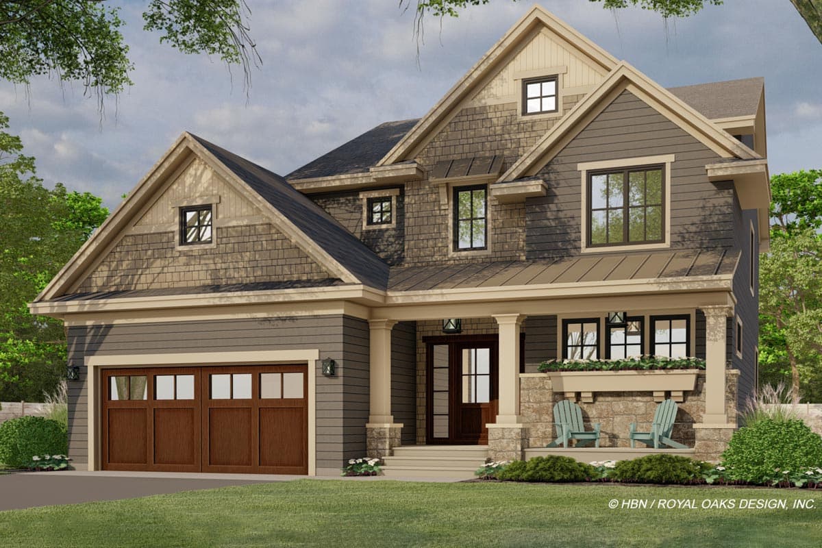 Craftsman style house plan exterior with a two-car garage, gabled dormers, and a covered front porch with stone accents.