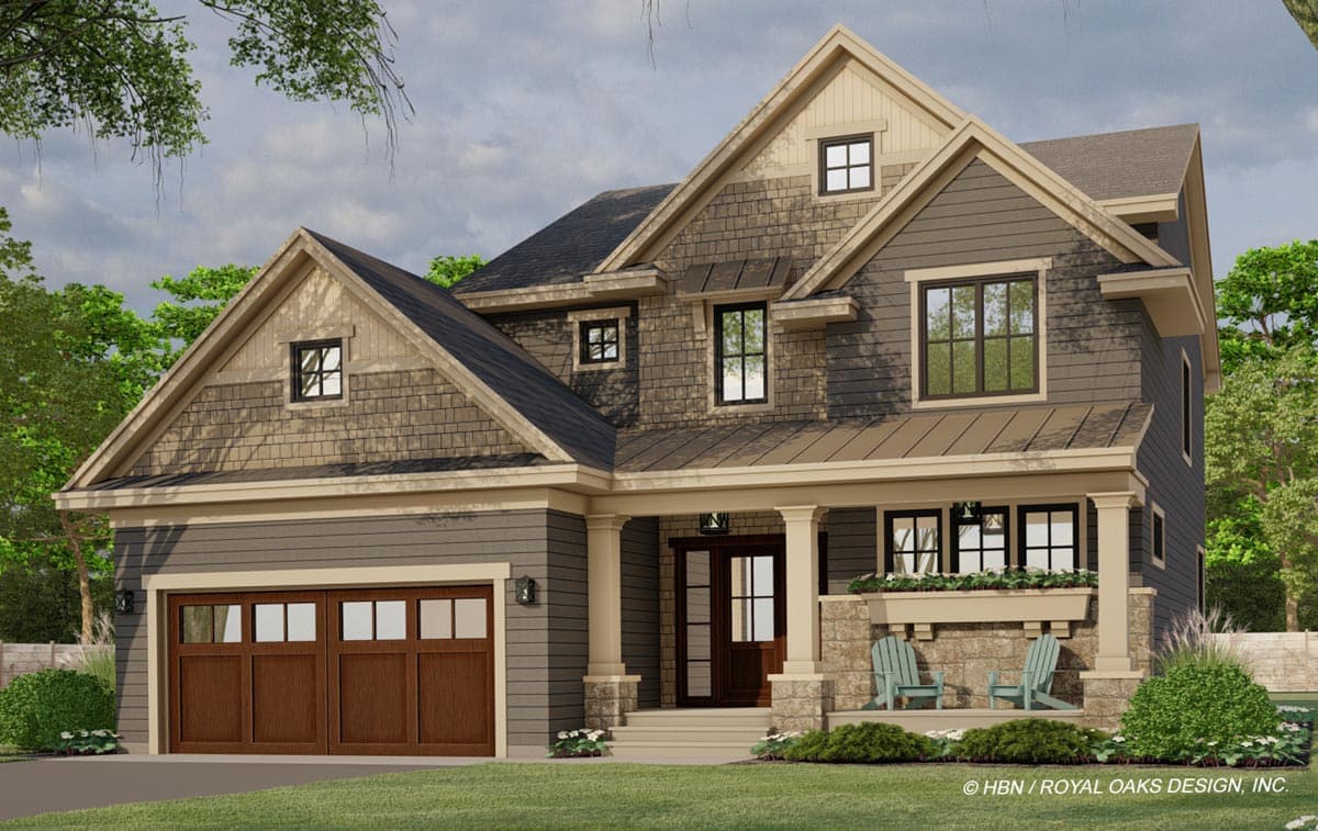 House plan exterior showing a two-story Modern Farmhouse with a covered front porch, stone accents, gable dormers, and a two-car garage.