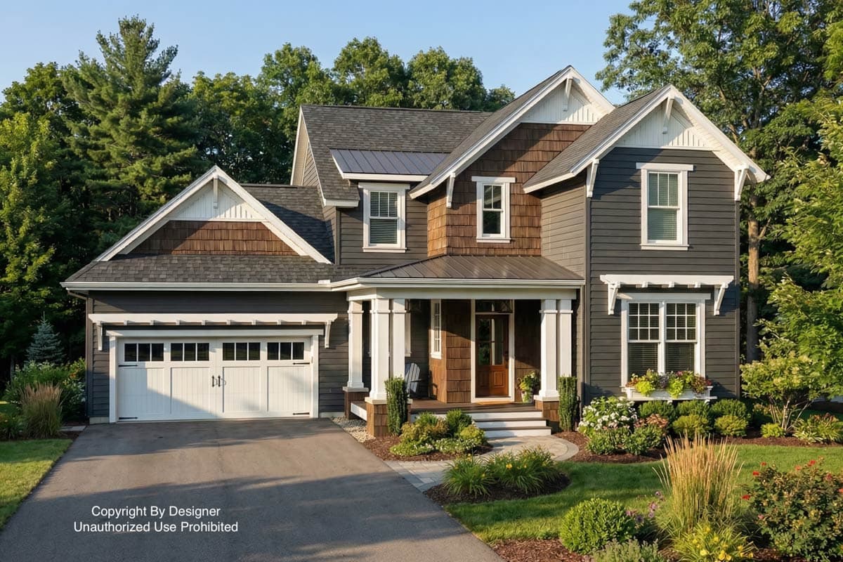 A two-story house with dark gray siding, brown shingles, and white trim. Features include a front porch, garage, and well-maintained landscaping.