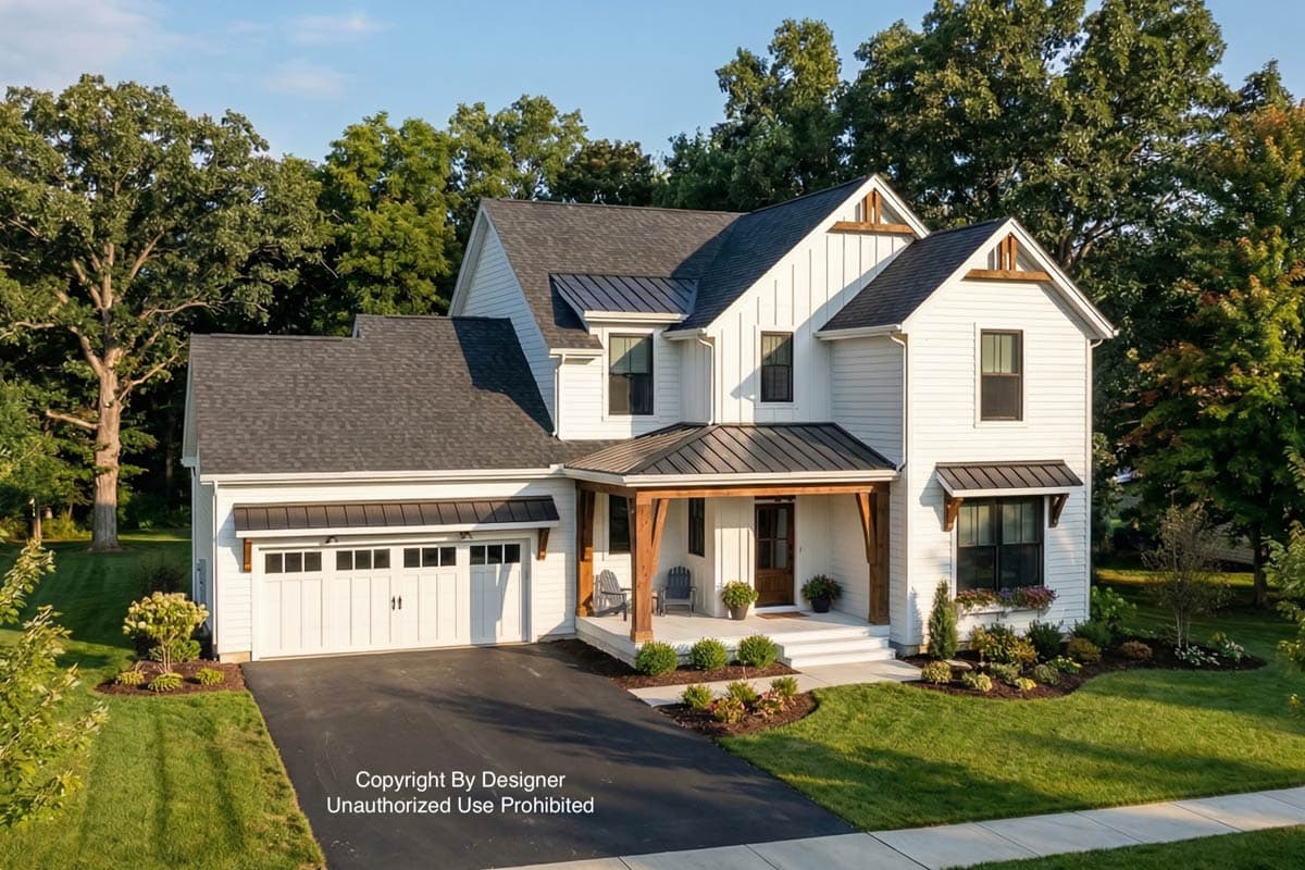 A two-story white farmhouse with black trim, a dark roof, and a welcoming porch. Lush green landscaping surrounds the house on a sunny day.