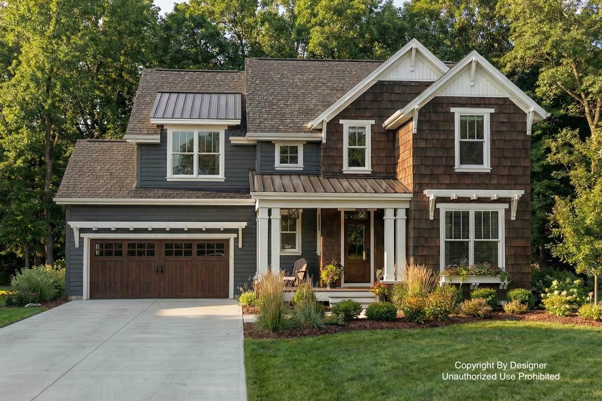 A two-story house with dark gray siding and brown shake siding, a covered porch, and a brown garage door. Lush green landscaping surrounds.