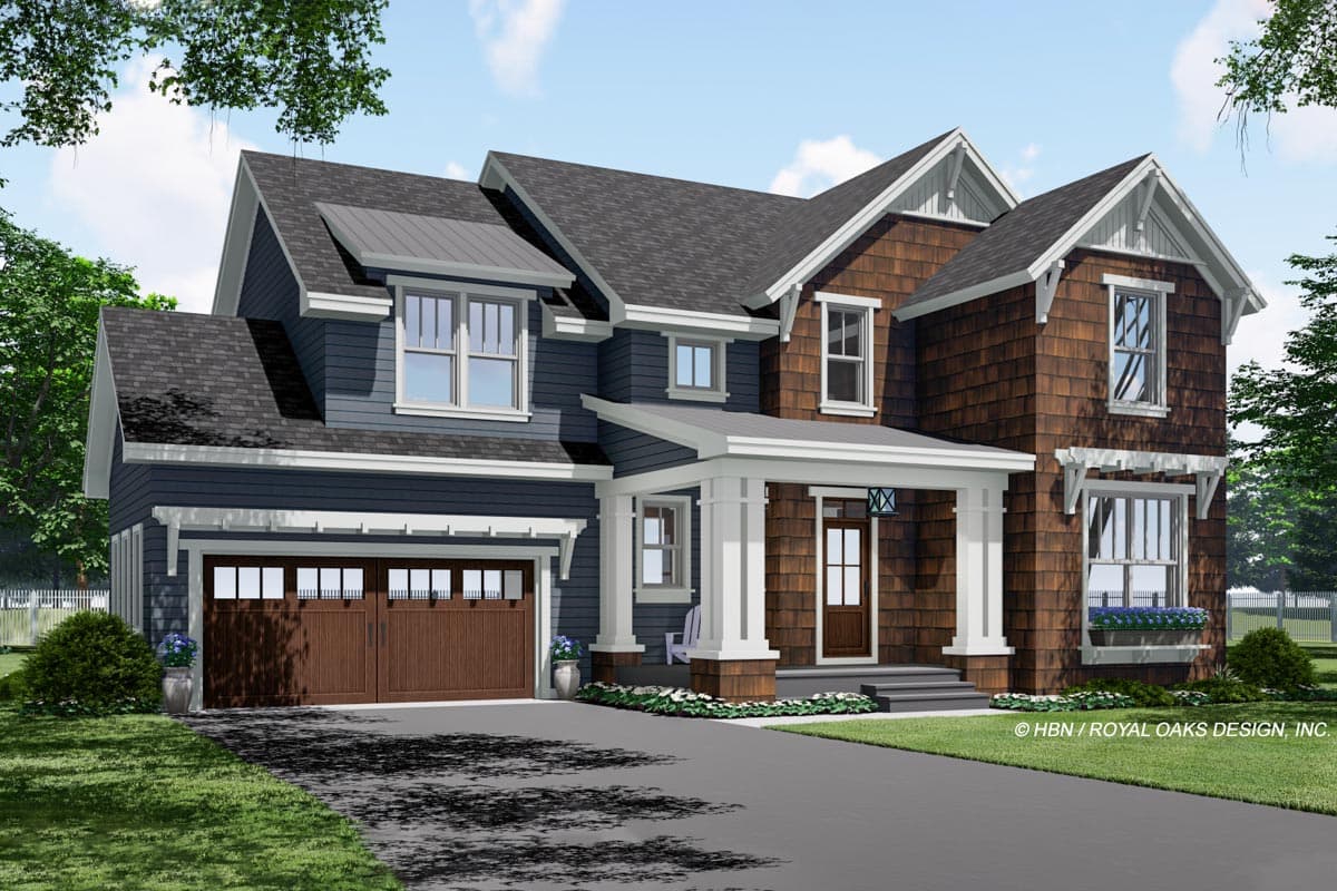 House plan exterior: Two-story Modern Farmhouse with gabled dormers, a metal roof accent, covered porch, and a side-entry garage.