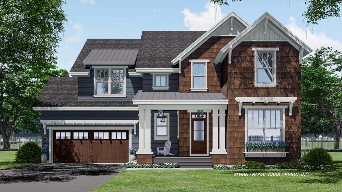 House plan exterior: Two-story home with gabled dormers, a covered front porch with columns, metal roof accents, and mixed siding.