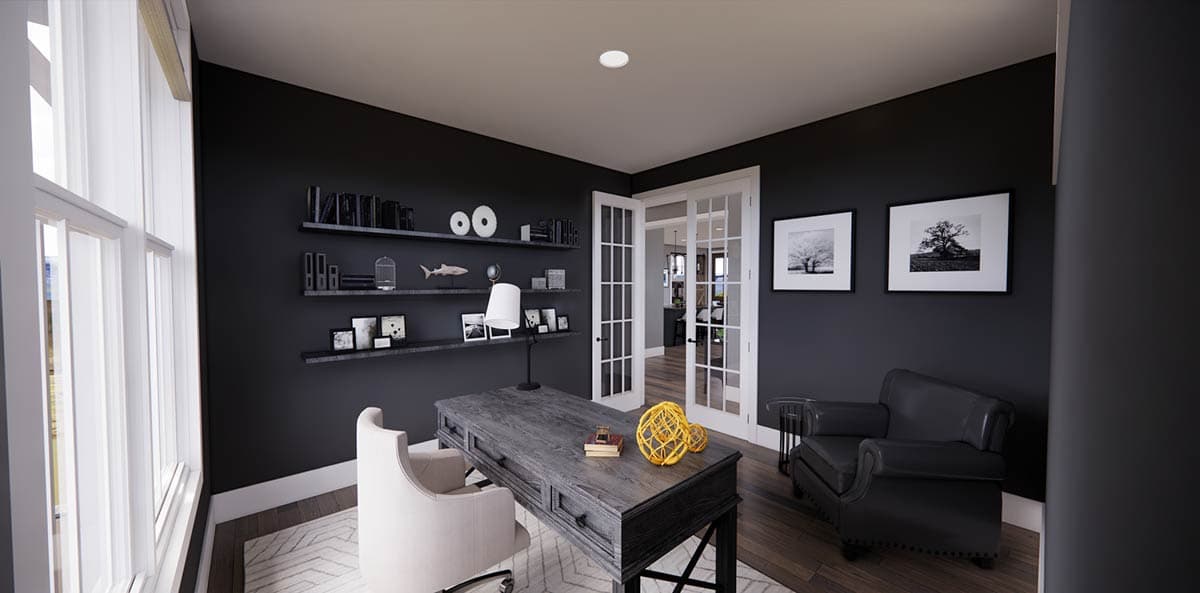 A modern home office with dark gray walls, floating shelves with decor, a large desk, and a leather armchair. French doors lead to another room.