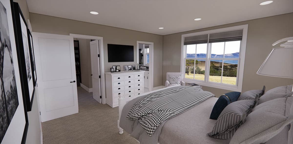A modern bedroom with a large window overlooking a landscape, a bed with decorative pillows, and a white dresser with a television above.