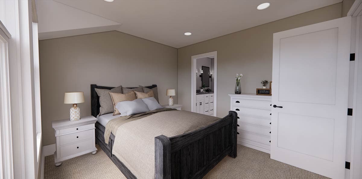 A modern bedroom with a dark wooden bed frame, white nightstands, and a matching dresser. A bathroom is visible in the background.