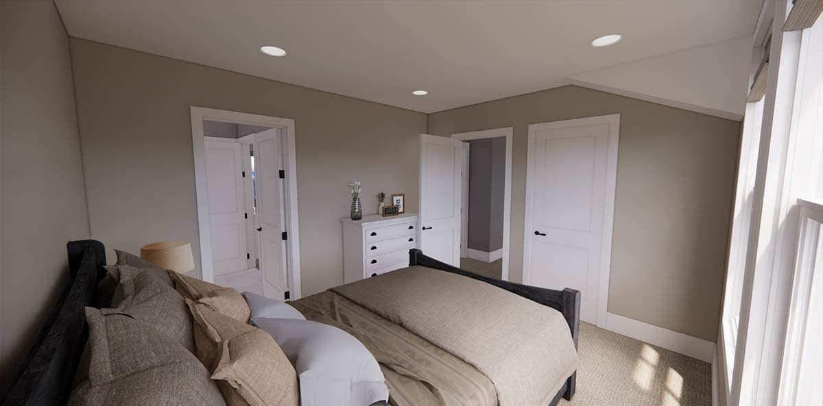 A bedroom interior features a bed with pillows and a comforter, several white doors, and a dresser. Soft, diffused light fills the space.
