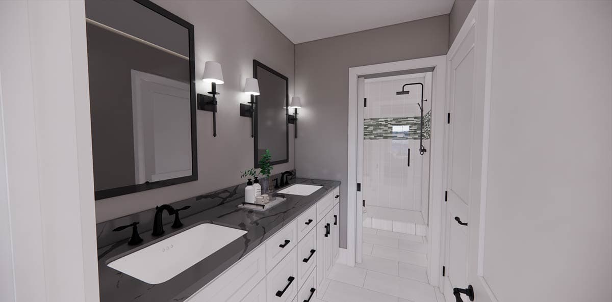 Modern bathroom featuring dual sinks with black fixtures, mirrors, and a glass-enclosed shower. Clean, minimalist design with neutral tones.