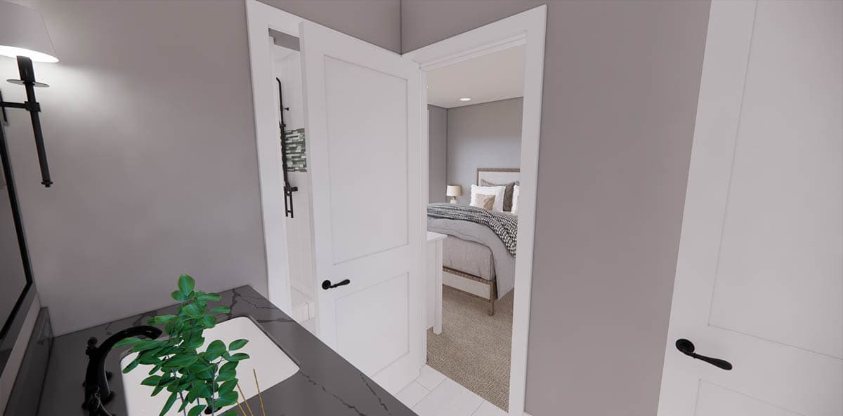 A modern bathroom interior with an open doorway revealing a bedroom. The bathroom features a sink, a shower stall, and a wall lamp.