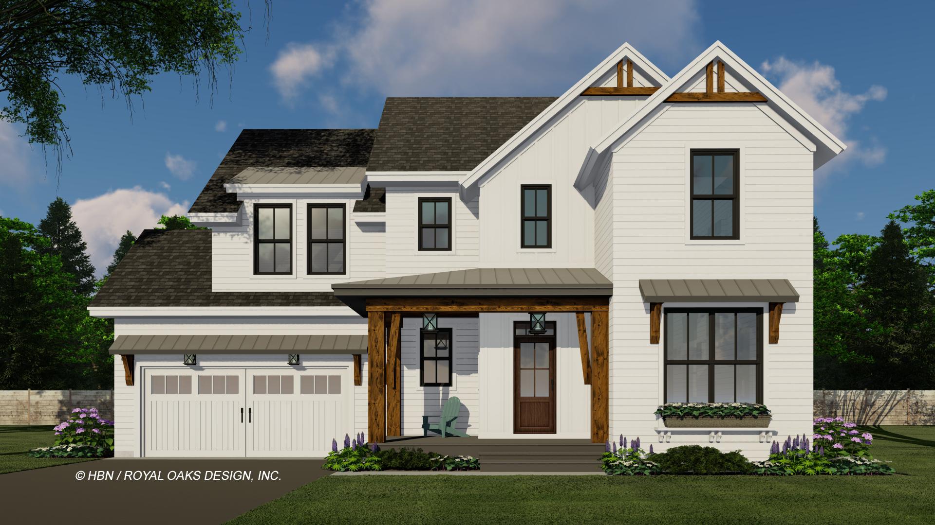 A modern farmhouse-style house with white siding, dark trim, and a welcoming front porch, set against a partly cloudy sky.