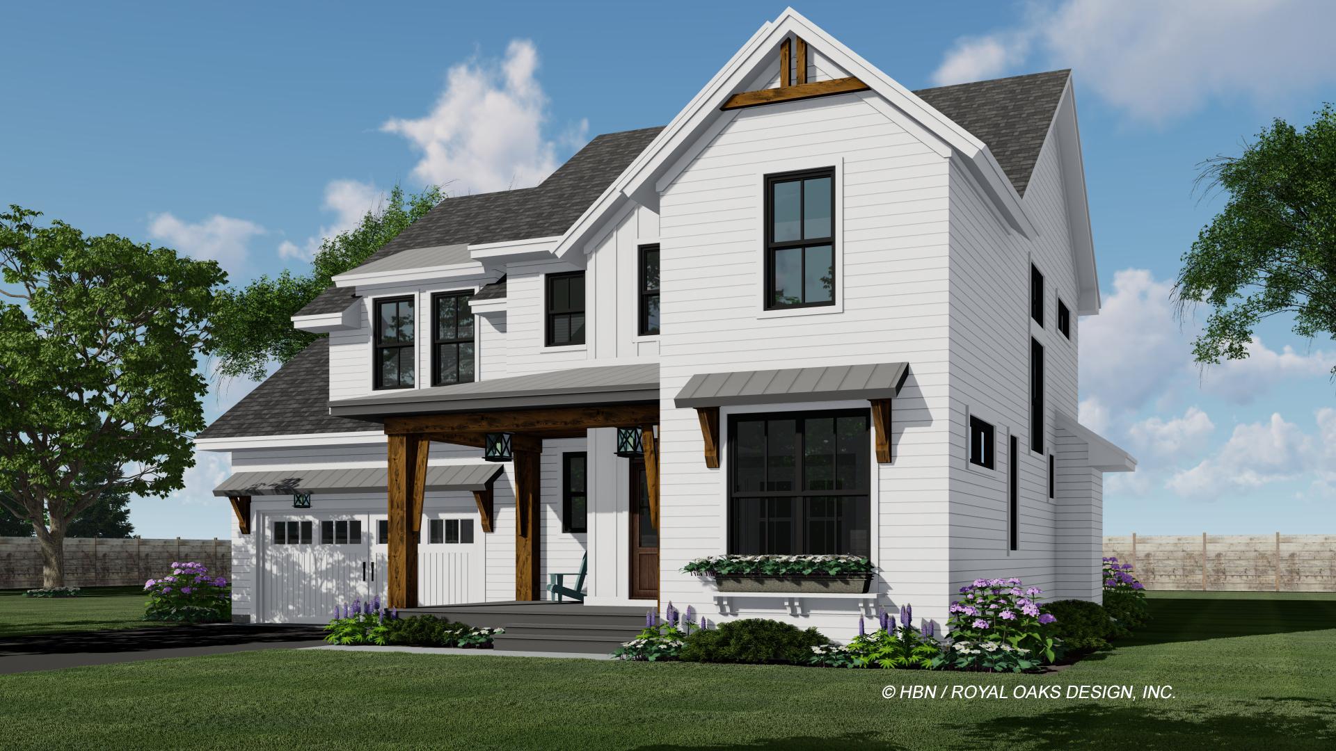 A modern, white two-story house with black-framed windows, a covered porch with wooden beams, and a green lawn under a blue sky.
