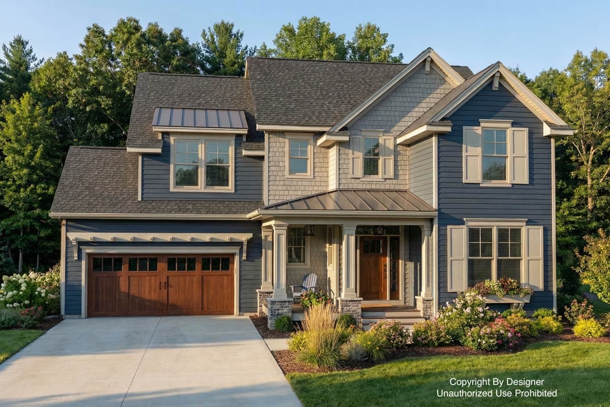 A two-story house with blue siding and a brown garage door. Beige shutters accent the windows. Landscaping and a concrete drive lead to the entrance.