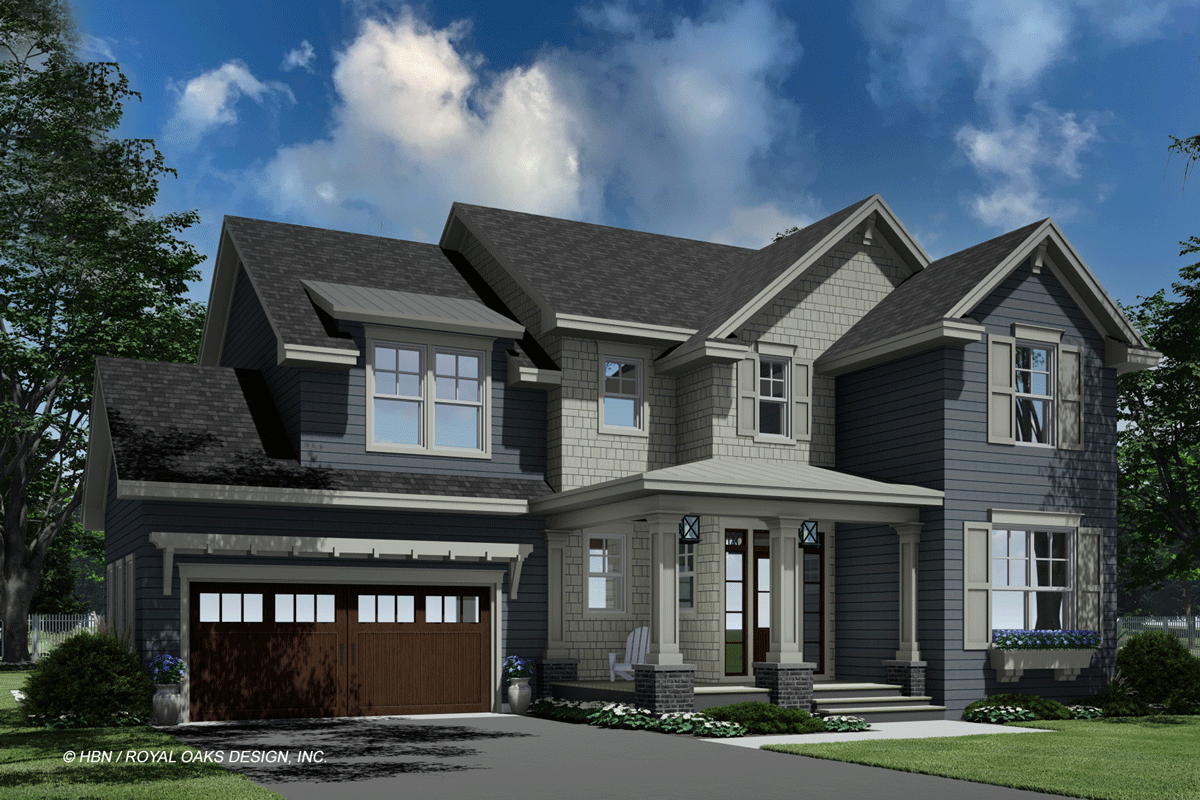 House plan exterior, two stories, Modern Farmhouse style, with a covered porch, prominent gables, and a two-car garage.