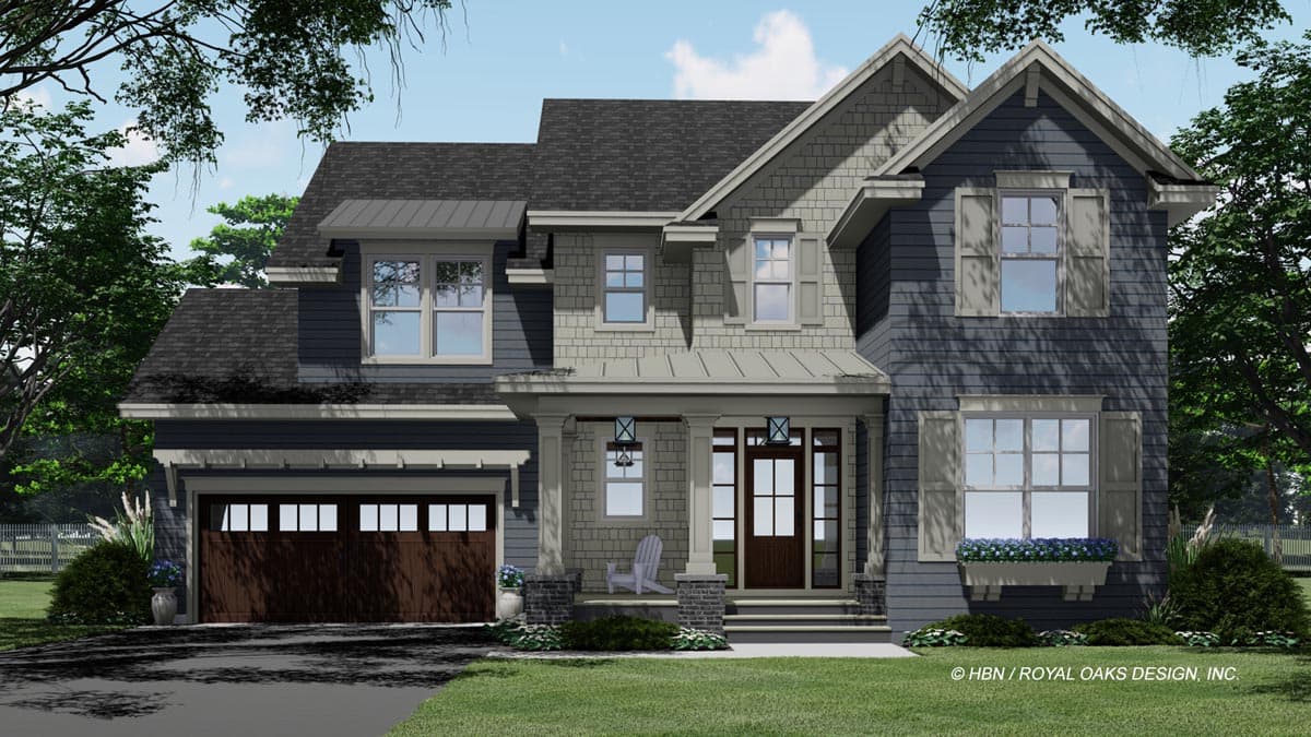House plan exterior: Two-story home with a prominent gabled facade, covered porch, and attached garage with carriage-style doors.