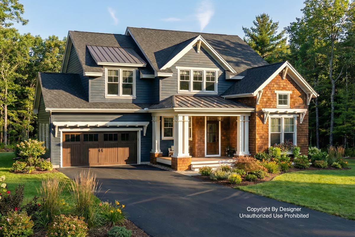 A two-story blue house with a brown garage door and wood accents. A black driveway leads to the house, surrounded by landscaping and trees.