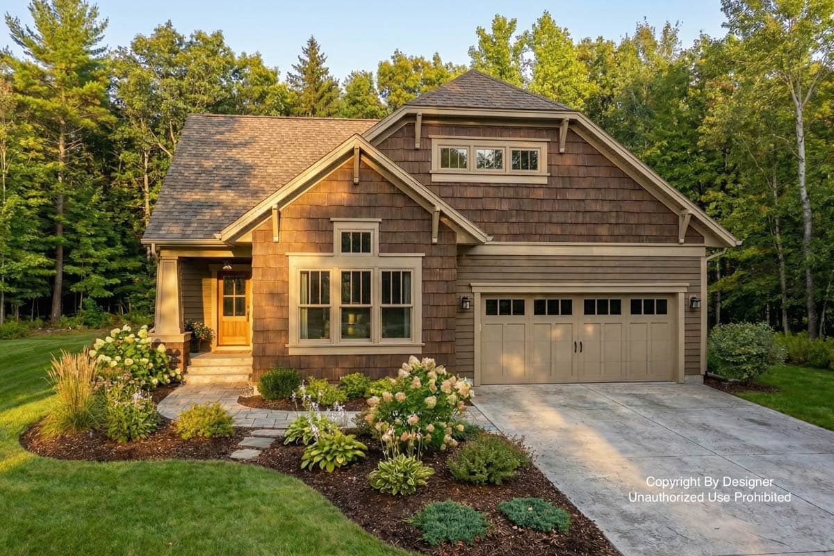 A charming brown-shingled house surrounded by lush greenery. A stone path leads to the wooden front door. Garage door on the right with a driveway.
