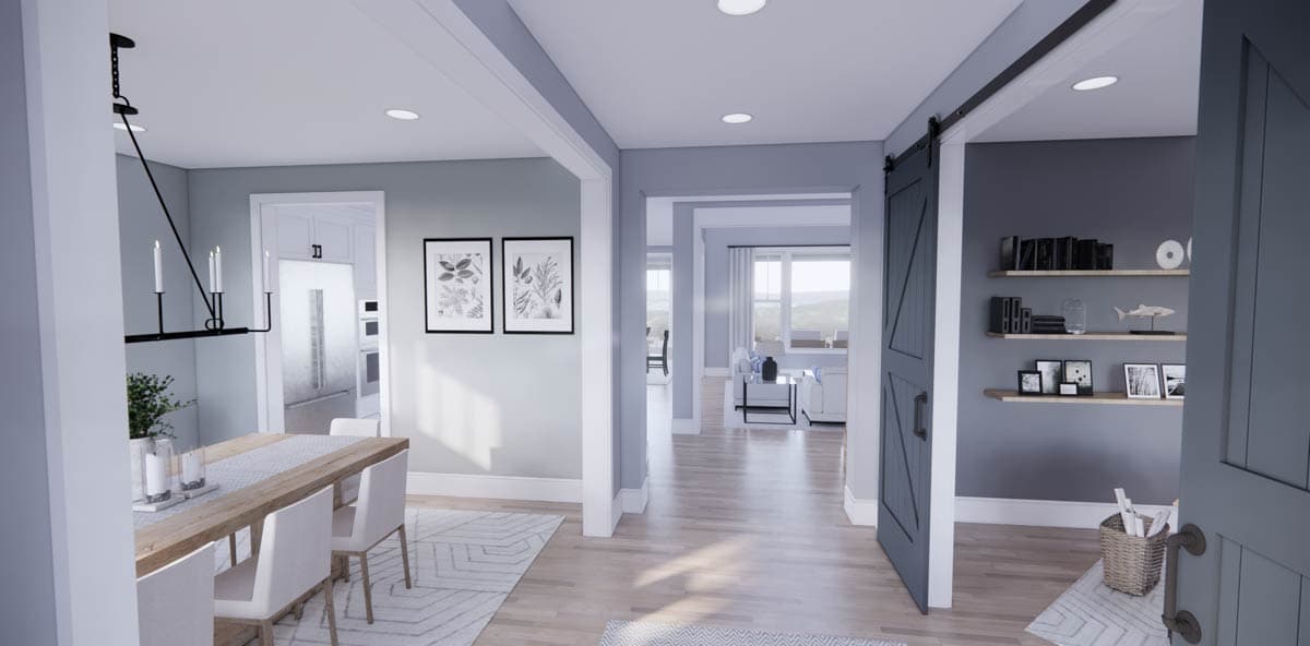 An open doorway reveals a modern home interior. A dining area on the left leads to other rooms. A barn door reveals a built-in bookshelf.