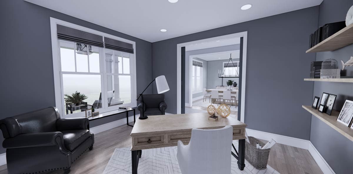 A modern home office with a large desk, leather armchair, and access to a dining room. Open windows offer a view of the exterior.
