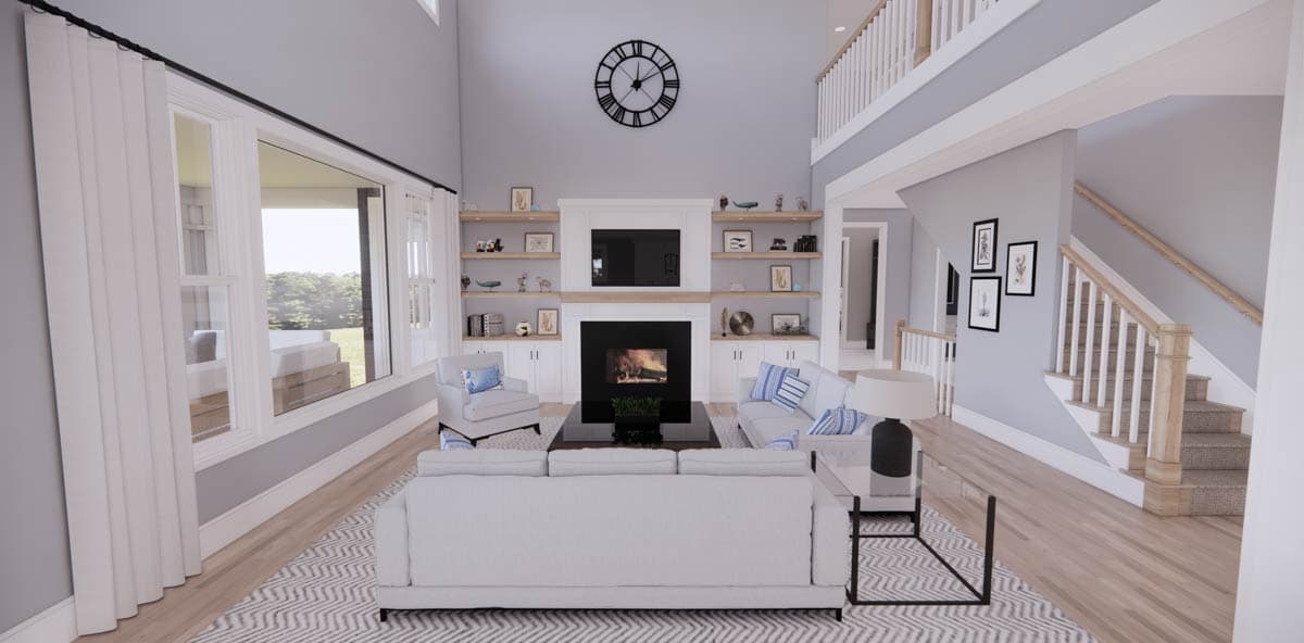 Spacious, modern living room with fireplace, bookshelves, and a large clock on the wall. A staircase leads up to an upper level.