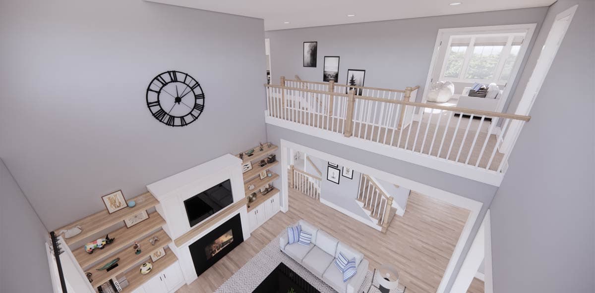 An aerial view of a modern, two-story living room. A large clock is on the wall above a fireplace. A staircase and balcony are visible.