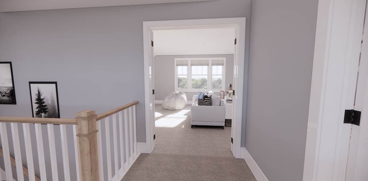 A hallway view shows the doorway to a light-filled living area. A railing and artwork frame the view, with a sofa and beanbag in the adjacent room.