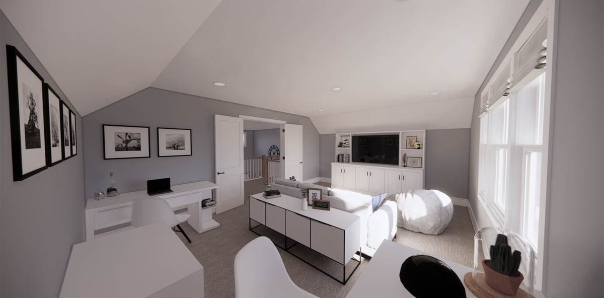 A modern, open-plan living space with a desk area, sofa, and entertainment center, bathed in natural light from a large window.