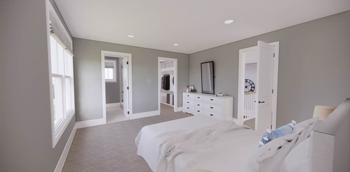 A modern bedroom with a large bed in the foreground, a white dresser, and multiple doorways leading to other rooms and a closet.