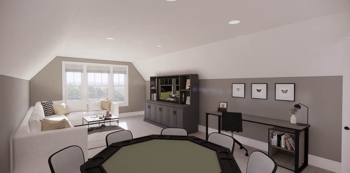 Modern, well-lit loft space featuring a sectional sofa, entertainment center, a poker table, and a desk area with art and decor.