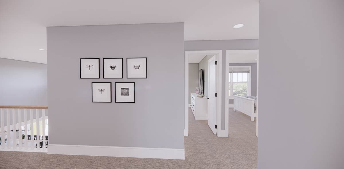 A hallway with framed insect art hangs on a gray wall. Two doorways lead to bedrooms with light-colored furniture and a staircase on the left.