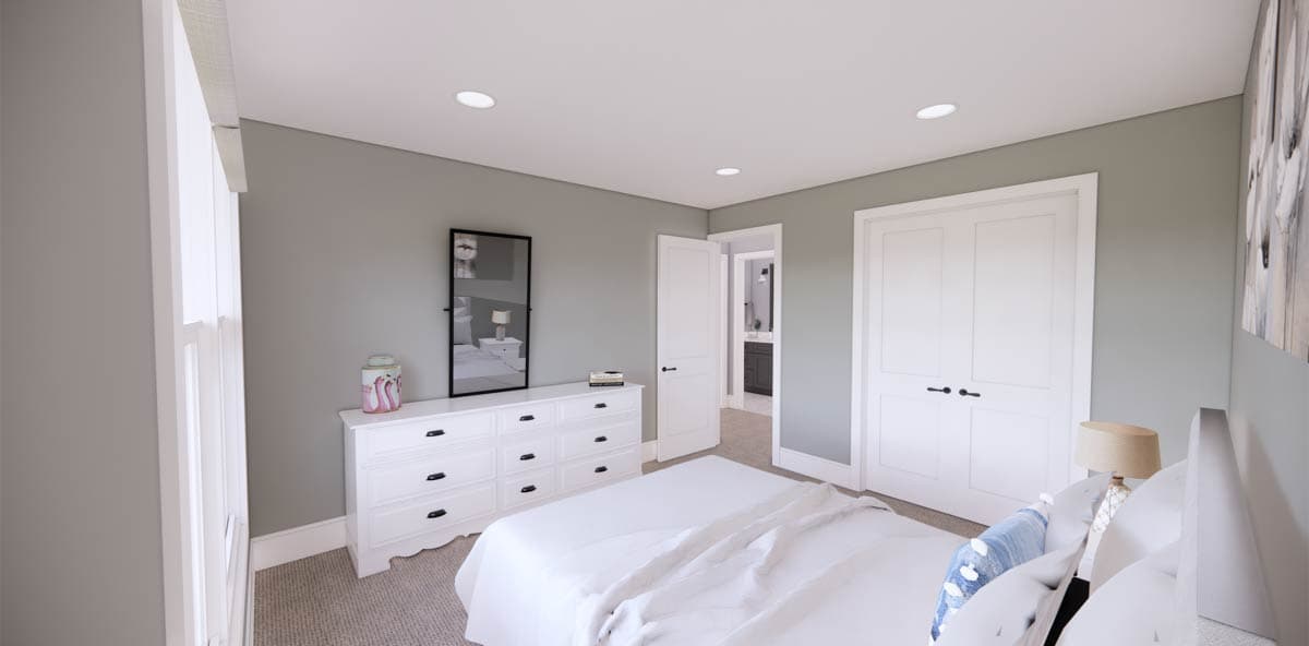 A bedroom interior features a white dresser with mirror, a bed, and closed white doors. The room has soft gray walls and recessed lighting.