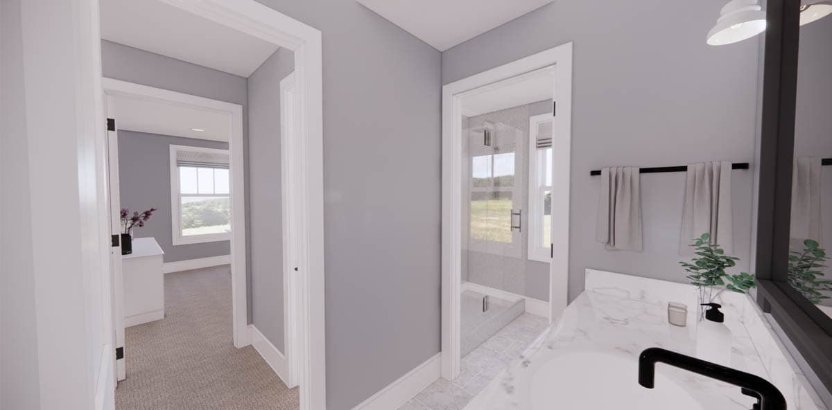 A modern bathroom interior with multiple doorways. A glass shower, sink, and towels are visible. Adjacent, a bedroom with natural light.
