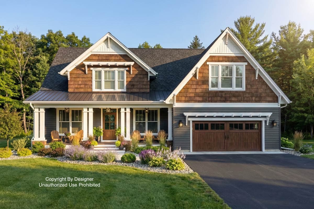 A craftsman-style house with brown cedar siding and dark gray trim sits on a manicured lawn. A paved driveway leads to a two-car garage.
