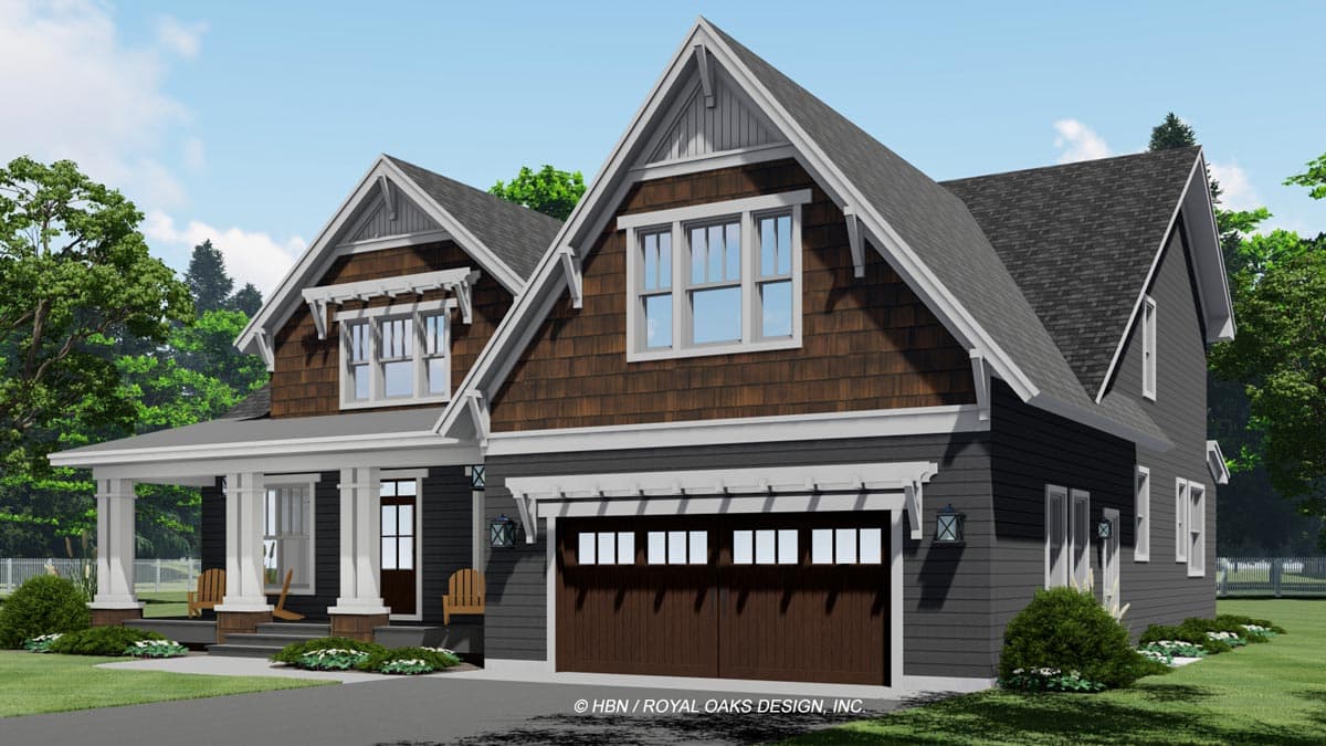 Architectural rendering of a modern house featuring dark gray siding, brown shingles, a wooden garage door, and a front porch with rocking chairs.