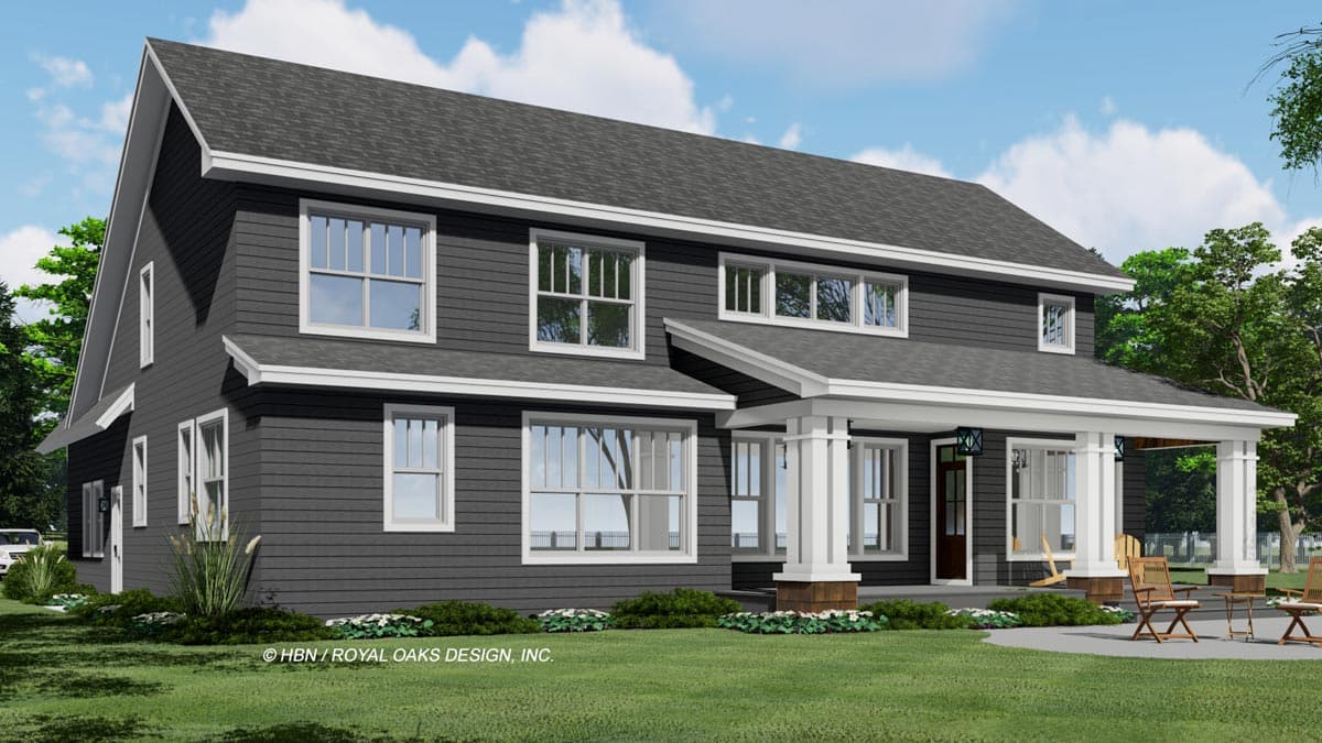 A rendered modern house with dark gray siding, white trim, and a prominent front porch. Two stories, with a landscaped lawn and blue sky.