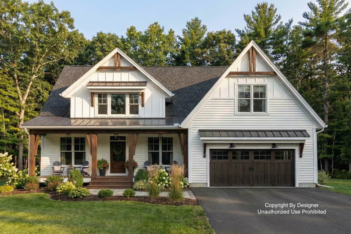 A white, modern farmhouse with dark wooden accents and a two-car garage. A porch with seating and landscaping sits in front of the house.