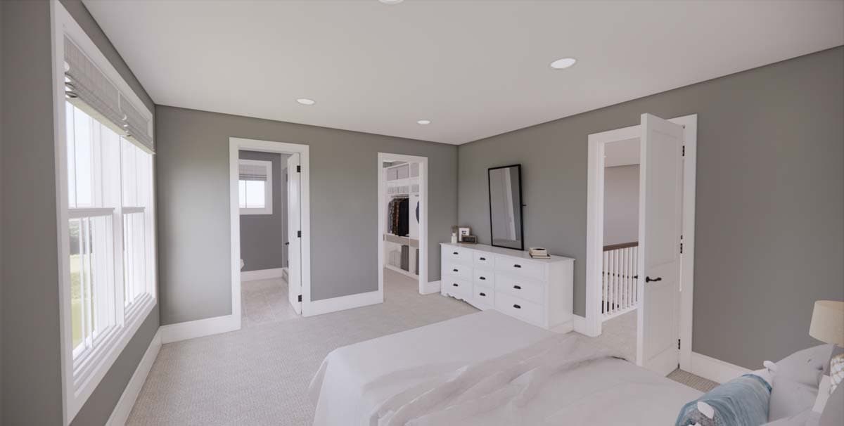A modern bedroom with gray walls, white trim, and a large window. Includes a bed, dresser, and doorways leading to a closet and hallway.