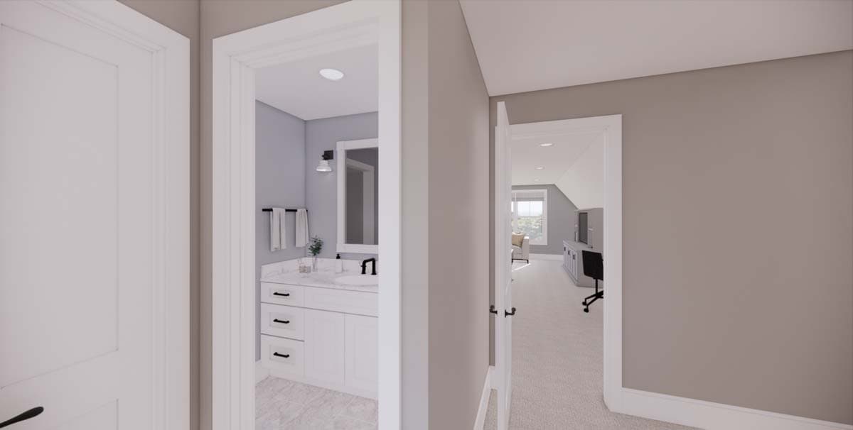 A hallway opens to a bathroom and another room. The bathroom features a white vanity, mirror, and black fixtures. The other room has a TV and chair.